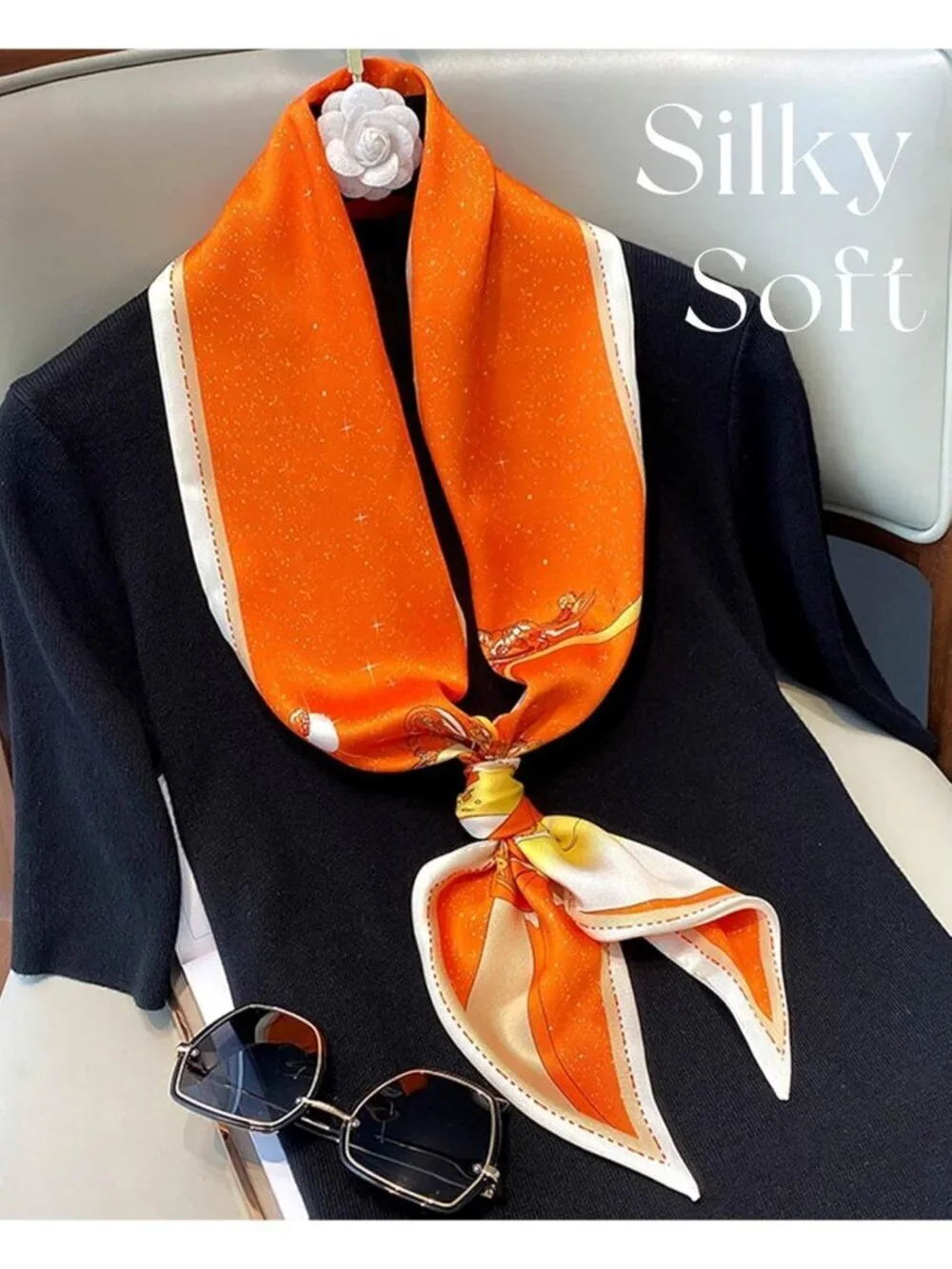 Women's Orange Hourse Silky Satin Headscarf Wrap Lightweight Scarves Scarf